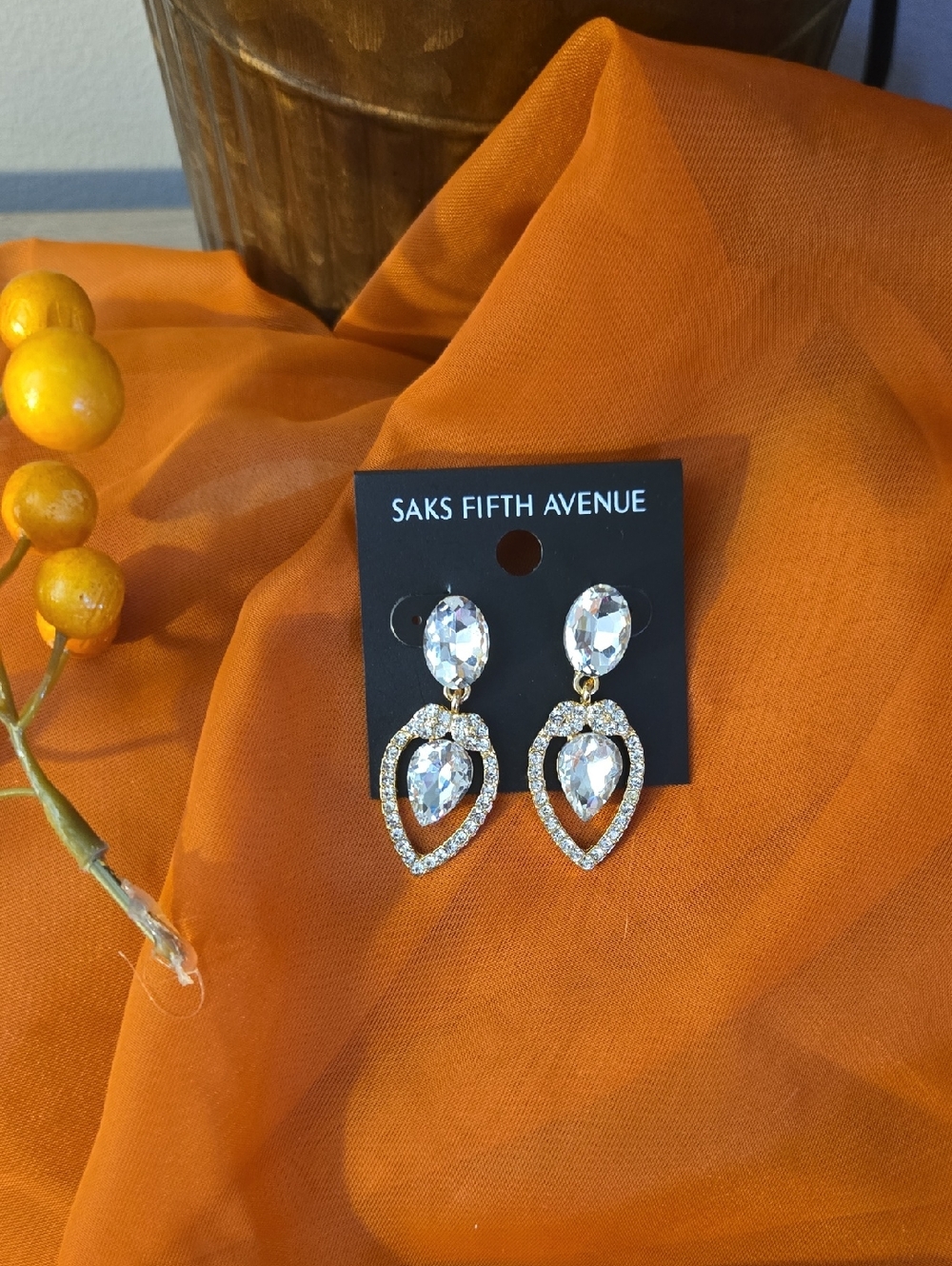 Saks Fifth Avenue Gold and Clear Crystal Teardrop Earrings